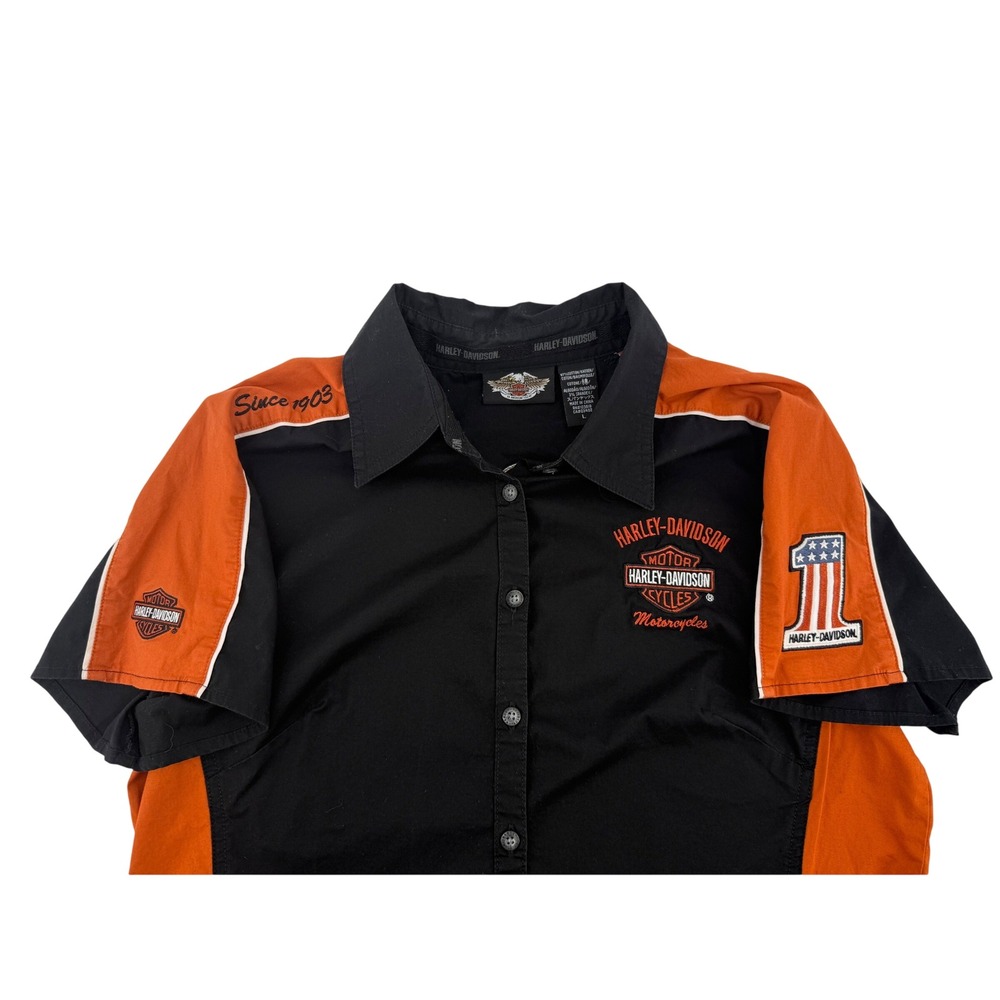 Harley Davidson Colorblock Button Up Shirt Women L Cotton Black Orange Biker‎
